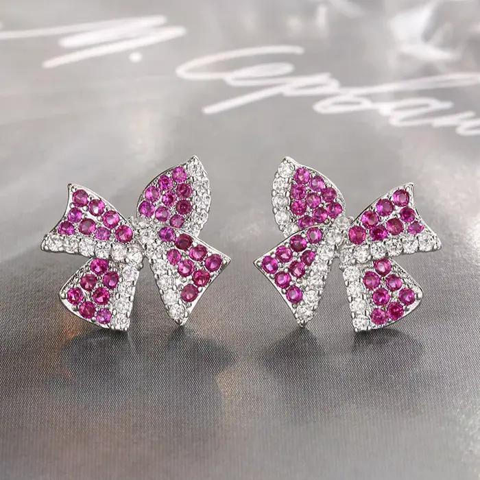 Ensemble de bijoux en zircone rouge pour femmes, en argent Sterling 925, Costume de mariée, boucles