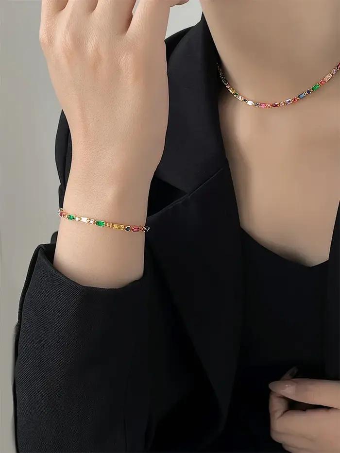 Ensemble de bijoux pour femmes en zircone coloré, colliers ras du cou, bracelets dorés, cadeau de luxe pour occasions spéciales