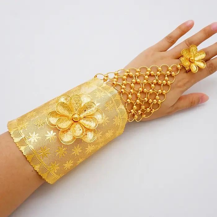 Bracelet couleur or dubaï avec bague pour femmes, grand Bracelet plaqué or 24 carats, afrique, inde, maroc, cadeau de fête de mariage