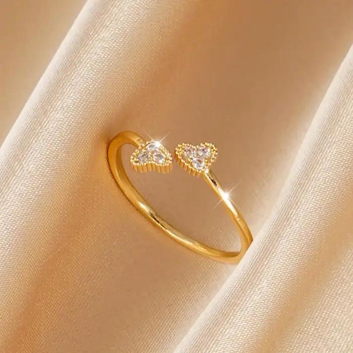 Bague élégante réglable à double cœur sertie de diamants, accessoire de bijouterie compact et brilla