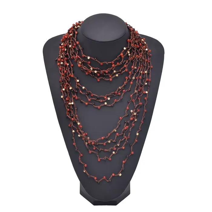Collier de perles tissées en ULmulticouche pour femme, rouge, marron, mode européenne et américaine, collier de tir de rue, accessoires de bijoux