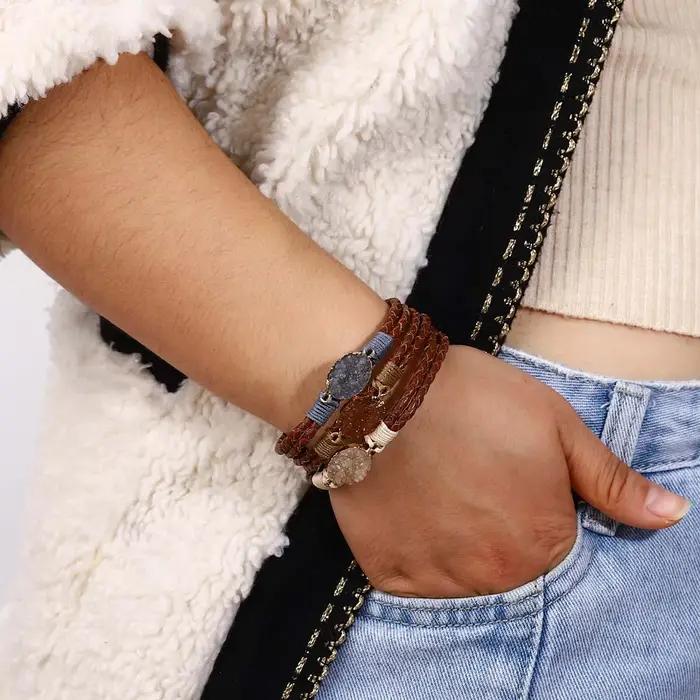 ALLYES Vintage pierres naturelles Bracelet en cuir pour femmes hommes Boho tressé à la main multicouche enroulement Bracelets bijoux