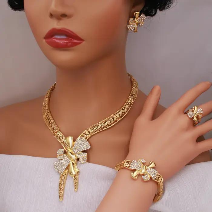 Ensemble de bijoux de mariée plaqué or 18 carats noeud papillon collier bracelet boucle d'oreille anneau pour les femmes occasions spéciales