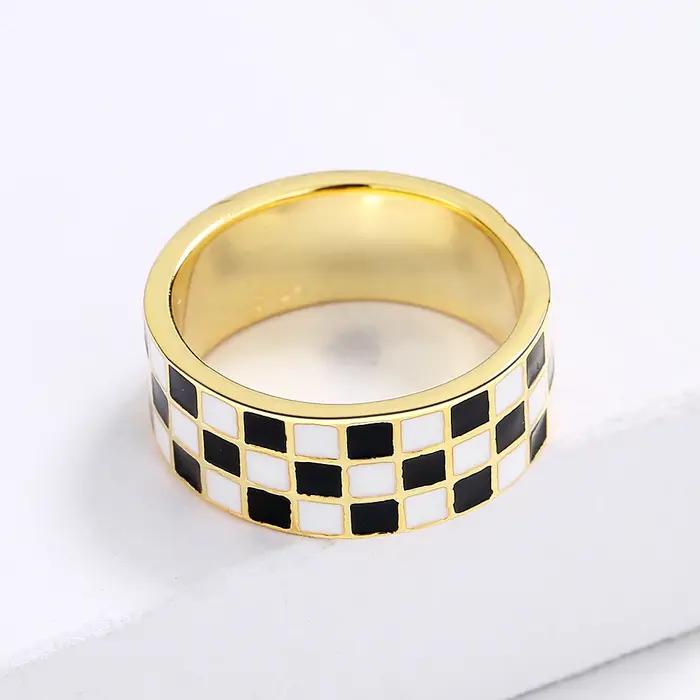 Bague coréenne en forme de goutte d'huile anneau à carreaux noir blanc pour femmes occasions spéciales mariage engagement