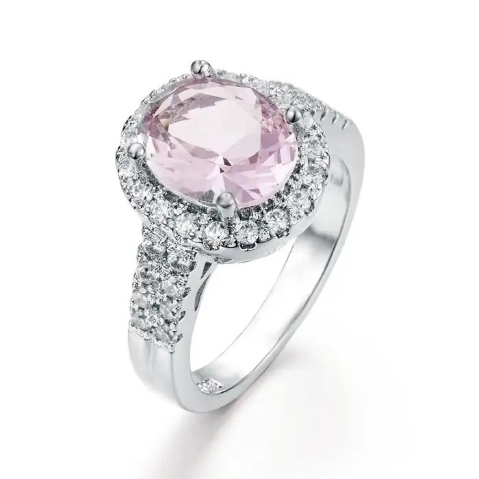 Bague de fiançailles pour femme en argent sterling 925 géométrique avec pierres en zirconium rose pour engagement romantique