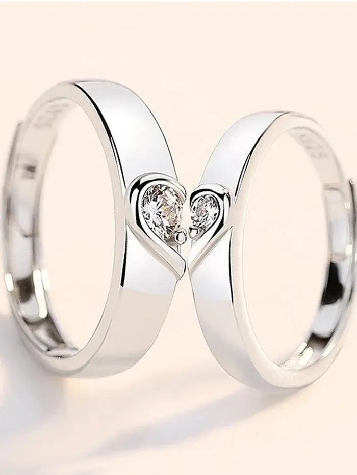 Bagues de Couple en forme de cœur pour hommes et femmes, 1 paire, réglable, plaqué cuivre, argent, bijoux de doigt, vente en gros, livraison directe