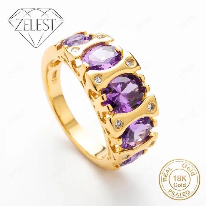 Bague pour femme en argent sterling 925 plaqué or 18 carats avec zircon ovale jaune/violet exquis