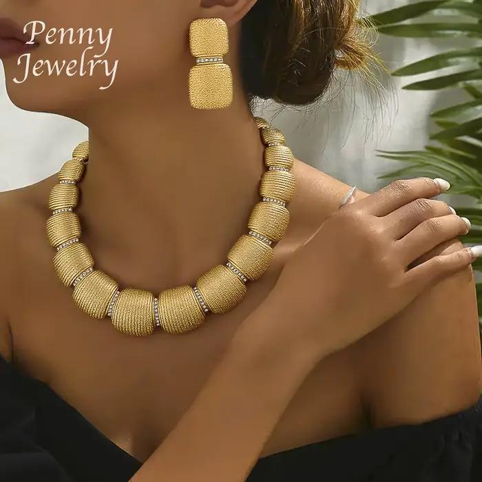 Ensemble de bijoux ronds italiens épais plaqués or de dubaï, collier ras du cou, boucles d'oreilles pendantes, Bracelet, bague, cadeau de fête de mariage de mariée africaine
