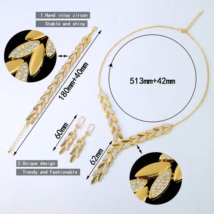 Ensemble de bijoux Habesha plaqué or 21 carats avec feuilles de zircone brésiliennes collier bracelet boucles doreilles pour femmes occasions spéciales