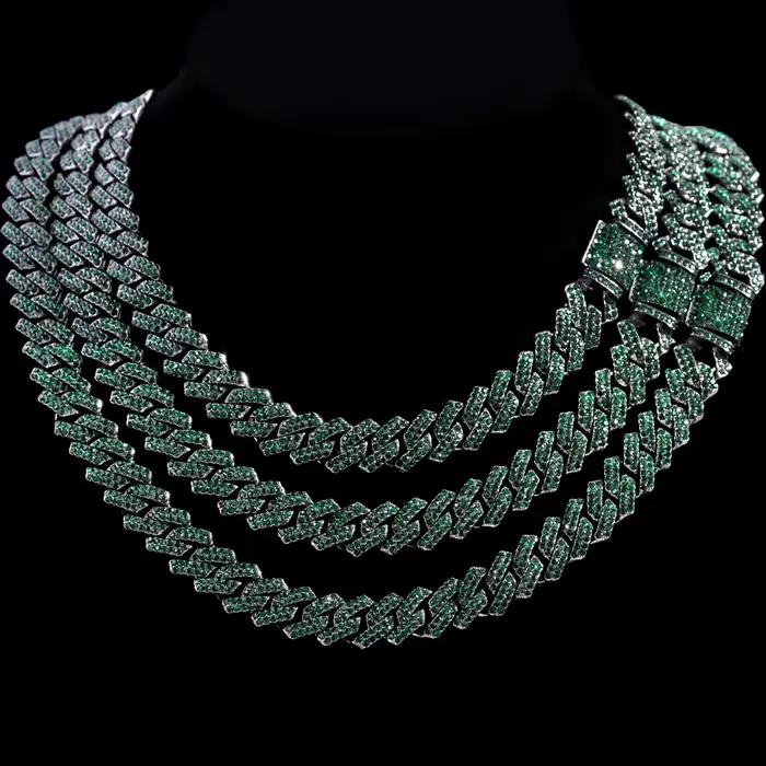 Collier chaîne cubaine pour hommes et femmes, chaîne à maillons sertie de strass verts, bijoux hip-hop