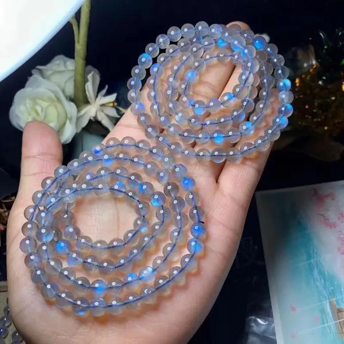 Labradorite naturelle lumière bleue 3 tours Bracelet 6mm femmes hommes clair perles rondes collier pierre de lune grise