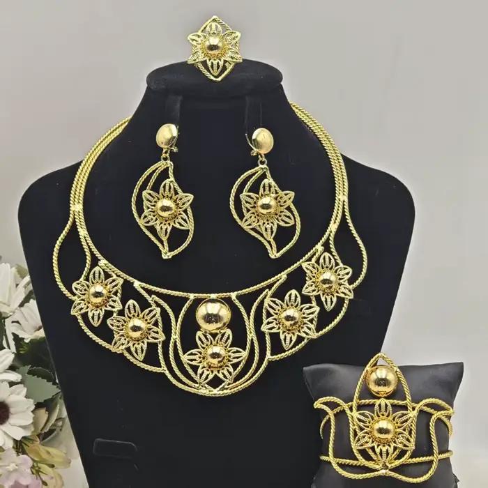 Ensemble de bijoux de dubaï pour femmes, couleur or, boucles d'oreilles ajourées, collier de fleurs,