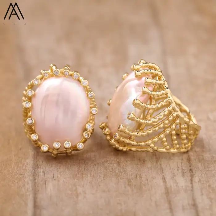 Bague de fiançailles en perle naturelle plaquée or, bande réglable, ensemble de zircone tendance, bijoux exquis, cadeau romantique, bague pour femme