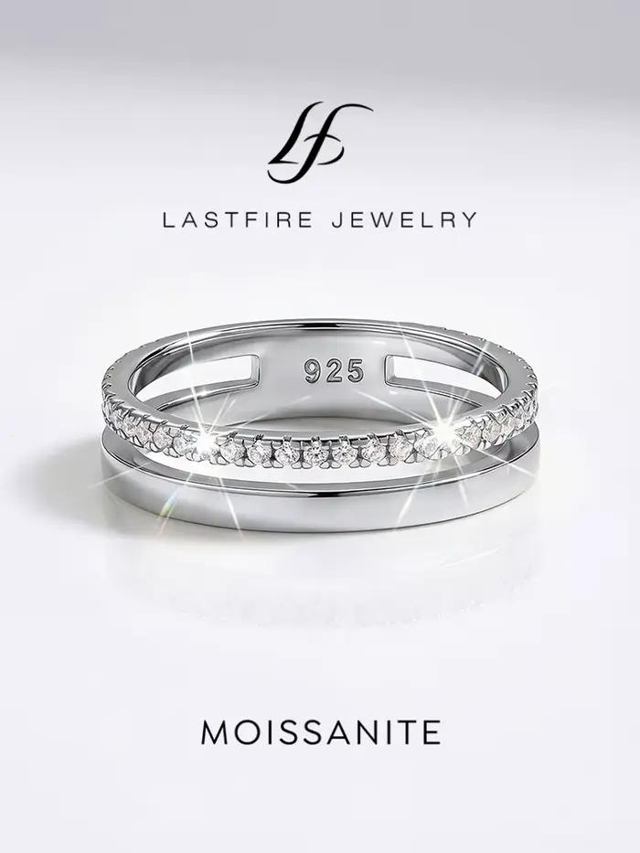 Bague ronde à double couche en diamant Moissanite véritable pour femmes