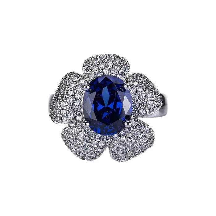 Bague Camélia Saphir en Argent Sterling Incrustée de Cristal Bleu Élégante pour Femmes Occasions Spéciales Cadeau de Mariage