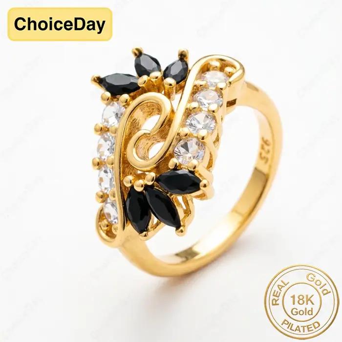 Bague en zircone florale noire et blanche plaquée or 18 carats pour femmes - Bijou élégant et glamou