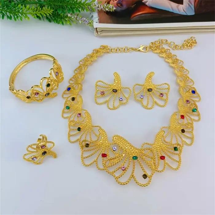 Ensemble de bijoux plaqué or et argent pour femmes, collier avec pierres colorées, bracelet, boucles d'oreilles et bague pour occasions spéciales
