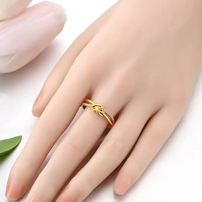 Bague en argent Sterling S925 avec nœud d'amour doré pour femmes, bijou de personnalité élégant pour occasions sociales et cadeaux de fête