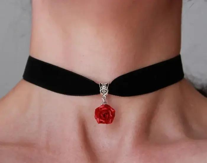 Collier ras du cou en résine, fleur, bijoux Rose rouge, pendentif ras du cou