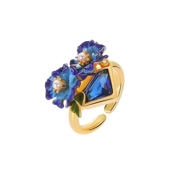 Bague Orchidée en Or 18 carats Juicy Grape pour Femme, Design Floral Émaillé à la Main, Bijou Élégan