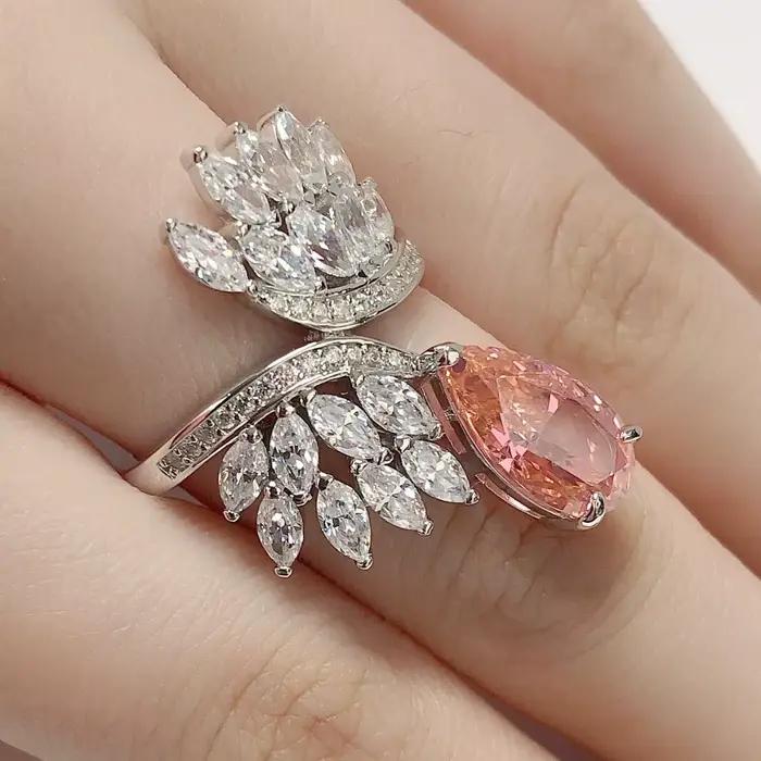 Bague en grenat de diamant rouge coupe poire dramatique de 4Ct AU585, bague en or blanc 14K, bijoux
