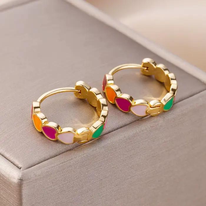 Boucles d'oreilles coeur pour femmes fille acier inoxydable émail multicolore géométrique cerceau boucle d'oreille doux accessoire Bijoux cadeau Bijoux Femme