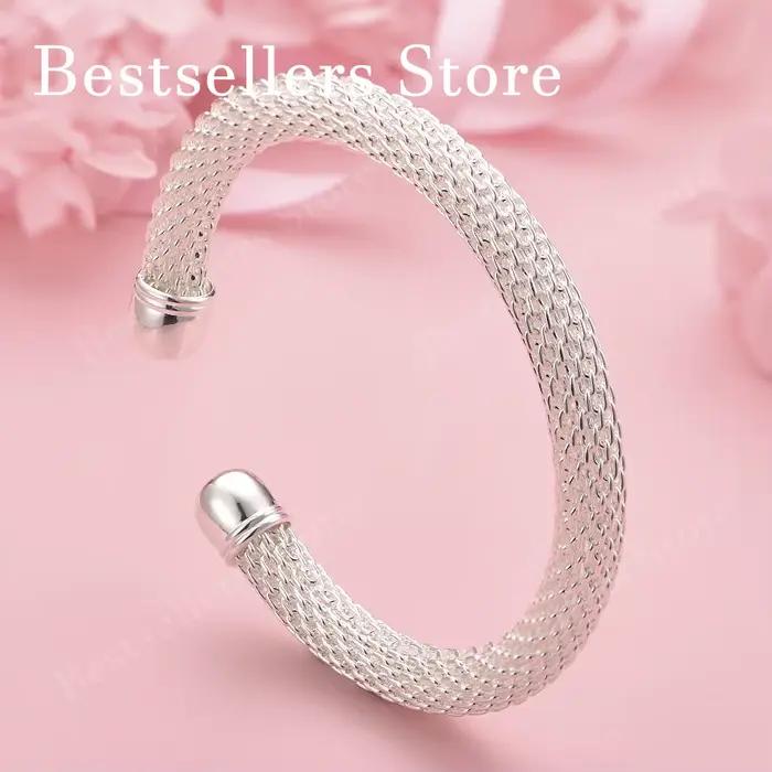 Bracelet ouvert en maille tissée exquise en argent sterling 925 pour femmes, idéal pour les soirées