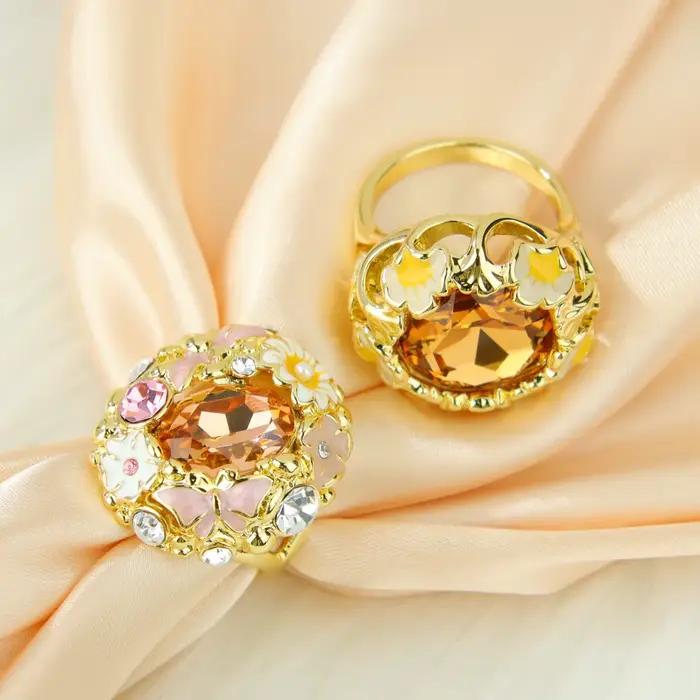 Bagues Chunky de Luxe Émaillées en Cristal, Bague Cocktail en Zirconia 14k Style Européen, Bijoux Originaux Vintage de Haute Qualité pour Femme