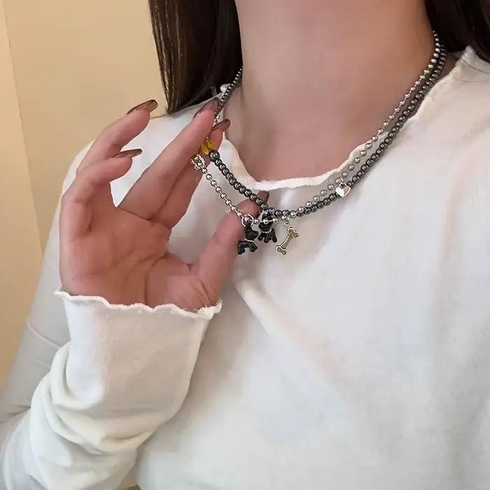 Collier de perles pendentif chien mignon pour femmes et filles, personnalité, mode coréenne, pull, bijoux esthétiques, accessoires en gros