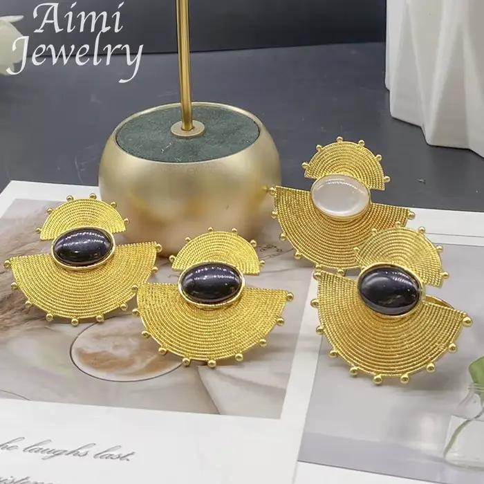 Ensemble de bijoux plaqués or 18 carats pour femmes, boucles d'oreilles et bague, style africain chic, pour mariage et anniversaire de mariage