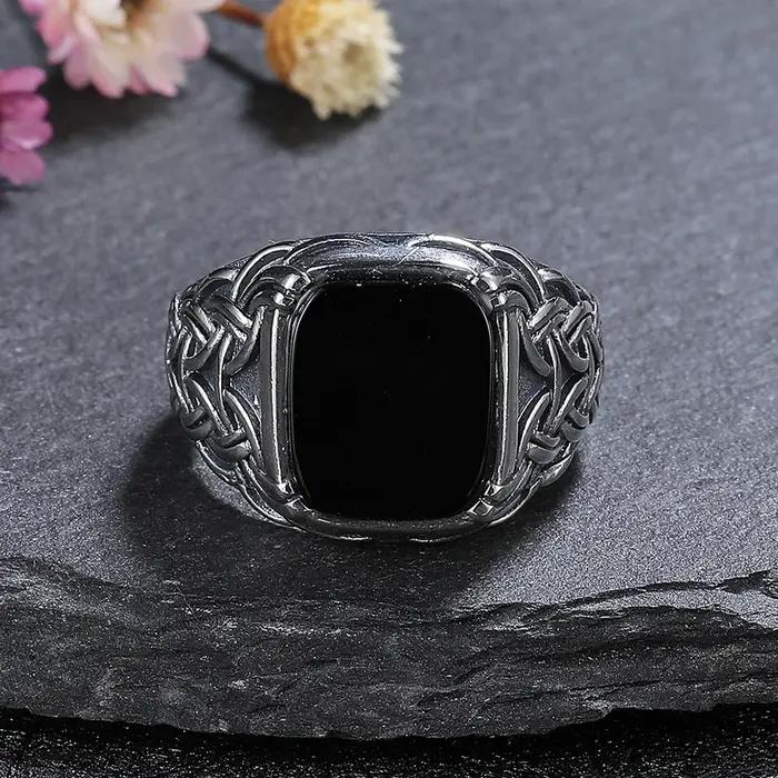 Bague en argent naturel 10x12mm, grande pierre d'agate noire, bague Vintage pour femmes, cadeaux de fête