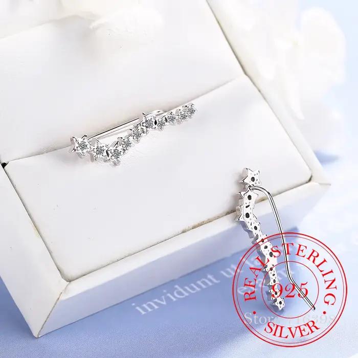 100% réel 925 en argent Sterling zircon cubique étoile oreille grimpeur boucles d'oreilles pour les femmes mignon