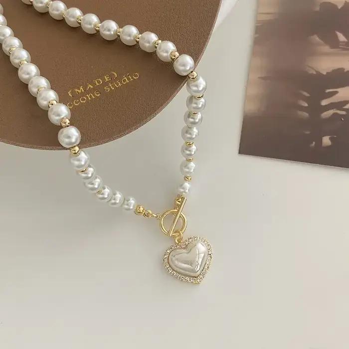 Blanc Imitation Perle Collier Femmes Cristal Pierre Coeur Pendentif Mignon Fille Bijoux