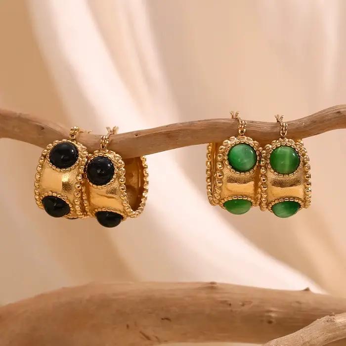 Boucles d'Oreilles Créoles Rétro en Acier Inoxydable 316L avec Bordure Perlée en Agate Plaquée Or 18 Carats Bijoux Étanches Pour Femme Usage Quotidien Occasions Spéciales