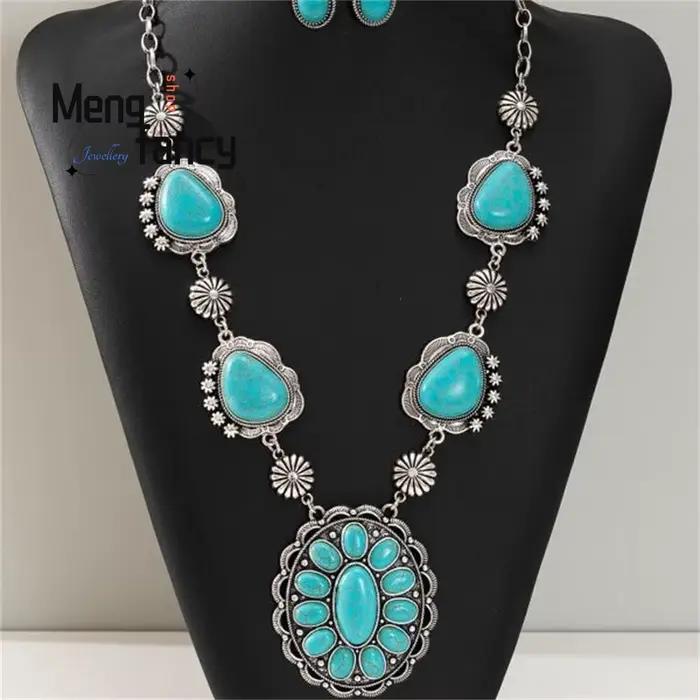 Collier avec incrustation d'argent tibétain naturel, Turquoise rétro, pendentif, boucles d'oreilles,