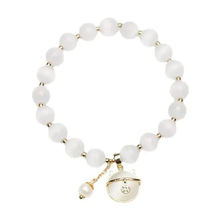 Bracelet de perles opale pour femmes, exquis, élégant, pendentif chat porte-bonheur, réglable, bijou