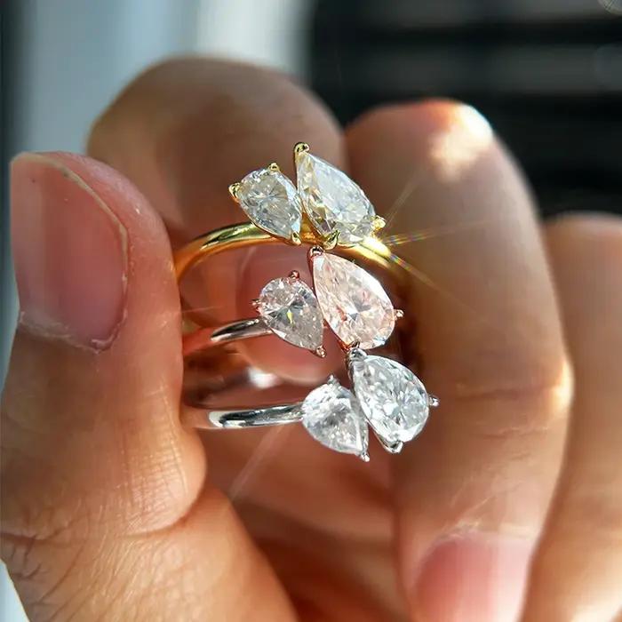 Bague en diamant Moissanite Double poire Toi Et Moi argent 925 plaqué or 18 carats pour femmes occasions spéciales mariage engagement fête cadeau