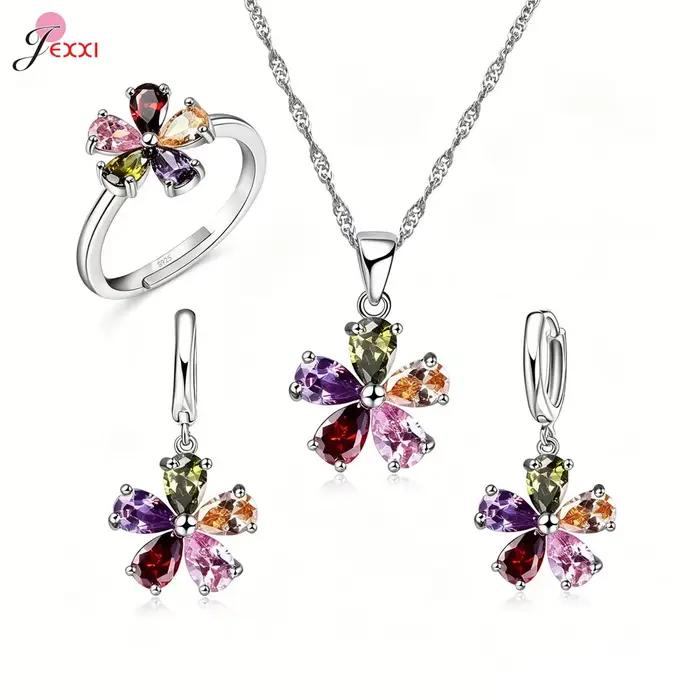 Ensemble de bijoux en argent sterling 925 motif floral coloré pendentif fleur multi-pierres collier boucles d'oreilles huggie bague ouverte ajustable