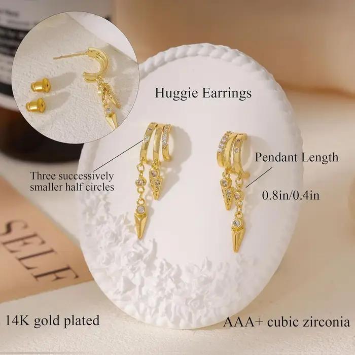 Femmes boucles d'oreilles 14k plaqué or véritable Triple Huggie