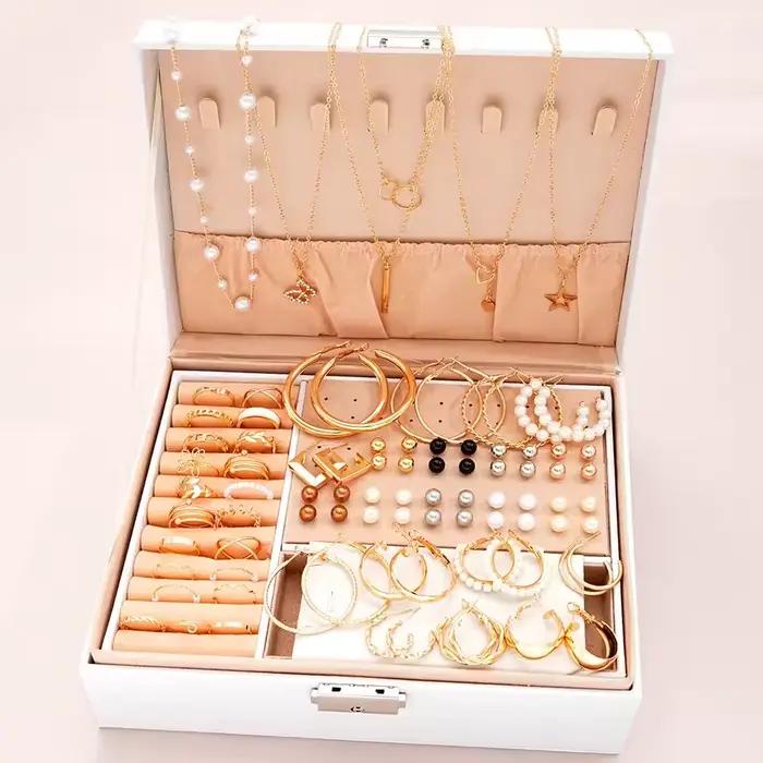 Ensemble de bijoux couleur or pour femmes, bohèmes, collier/boucles d'oreilles/bague/bracelet, empilable, pour les fêtes et le quotidien
