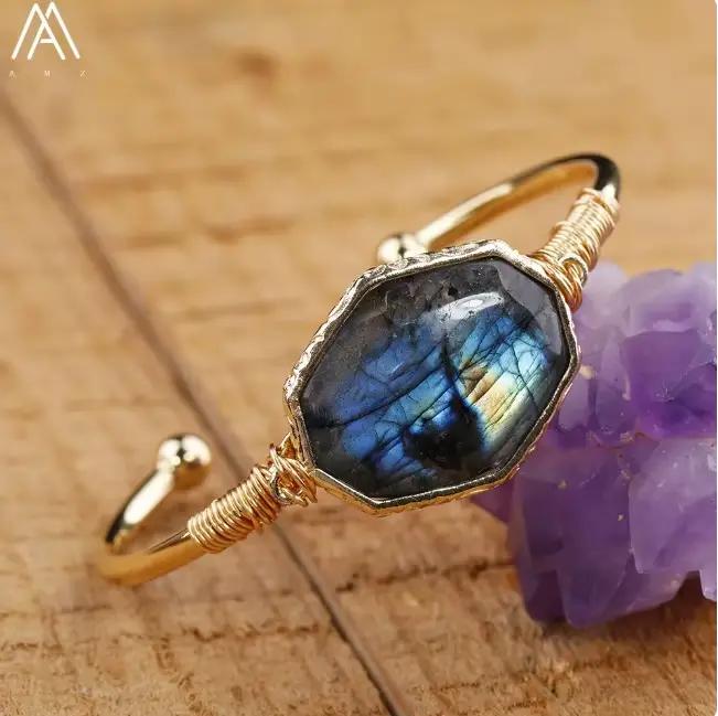 Bracelet en pierre de Labradorite Flash pour femmes, perles octogonales, manchette, bijoux en Labrad