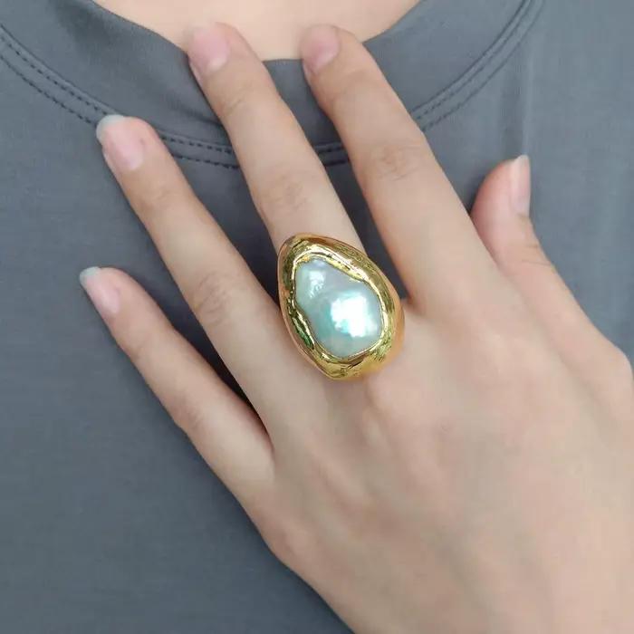 Bague plaquée or perle baroque blanche cultivée, taille réglable, 3 pièces