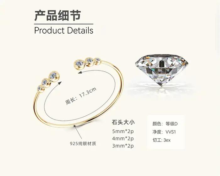 Bracelet Moissanite en Argent Sterling 1.8 Plaqué Or 18K
