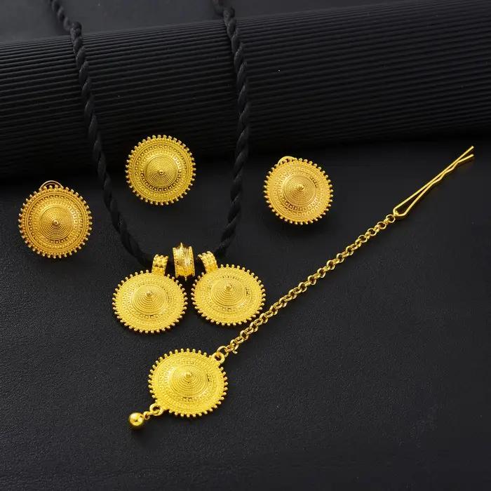 Parures de bijoux éthiopiens : pendentif rond, boucles d'oreilles, bague, chaîne de tête – Ensembles 4 pièces pour mariages africains et érythréens, fiançailles, cadeaux ethniques