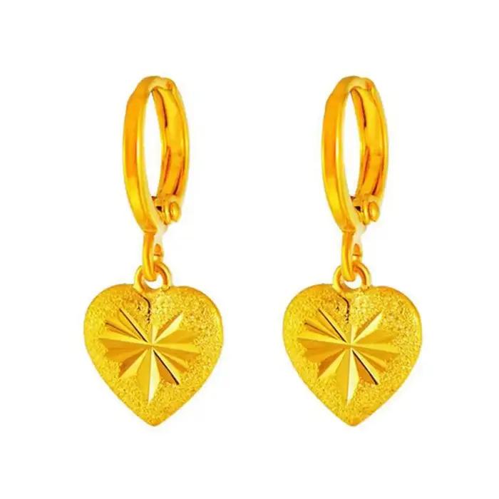 Boucles d'oreilles pendantes en or jaune 24 carats pour femmes, bijoux romantiques en forme de cœur