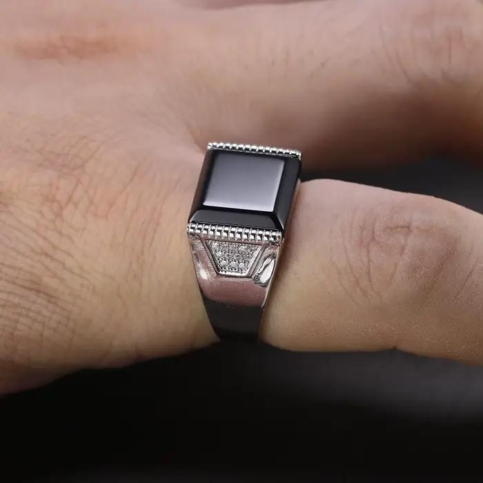 Argent massif 925 hommes anneaux minimaliste turc anneaux pour hommes noir carré pierre naturelle turquie mâle bijoux Bague Homme