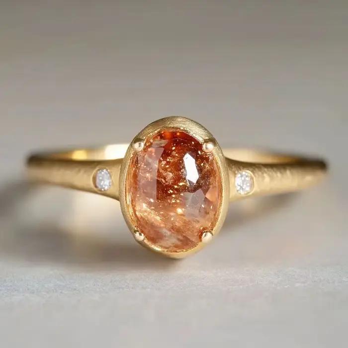 Bague minimaliste en cuivre martelé avec gemme artificielle ovale sertie pour femme, idéale pour le quotidien et les rendez-vous
