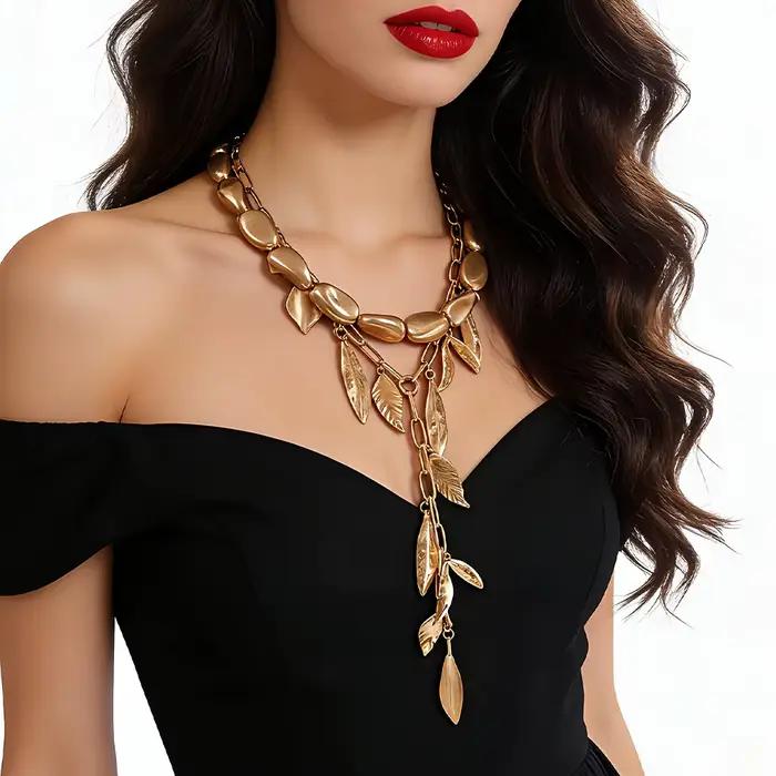 Collier Lariat Or Mat avec Pierres et Feuilles – Bijou Botanique Superposé pour Femme