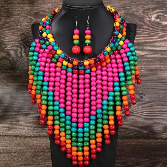 Ensemble de bijoux africains style bohème vintage collier bib perles de bois faites à la main boucles d'oreilles pour femmes accessoires de fête occasions spéciales