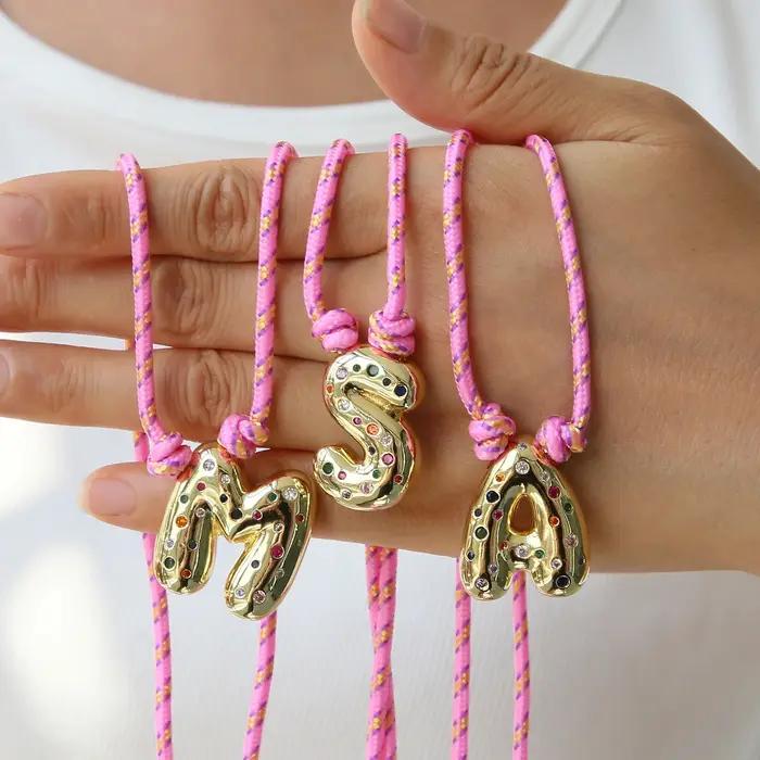 Collier pendentif lettre initiale plaqué or pour femmes et filles, corde rose, breloque Alphabet, bi